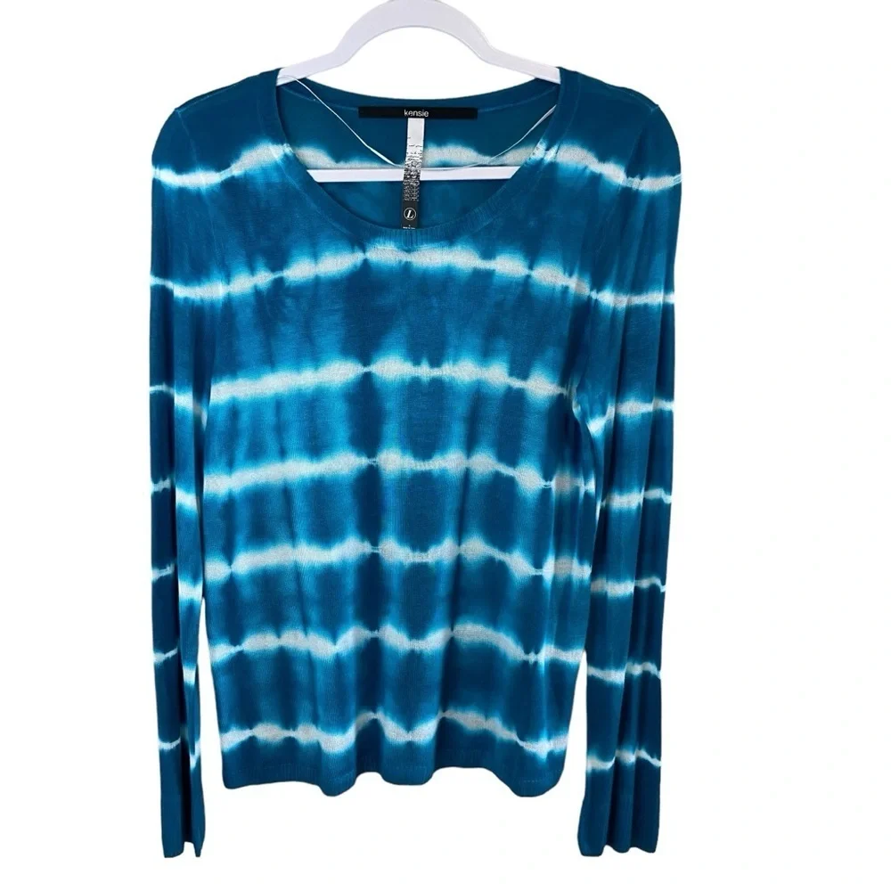 Kensie - Turquoise Blue Tie Dye Look Light V-neck Sweater - L - Picture 2 of 7